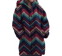 Gilet Femme Long avec Capuche Cardigan Chic et Elegant Veste Chaude Hiver | Pull Maille Tricot Imprimé Jacquard Norvégien Manteau Boutonné Poches Manches Longues Coupe Oversize Mode Automne
