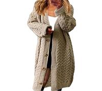 Gilet Femme Long,Cardigan En Maille Torsadée Pour Femme Bouton Long Cardigan Solide Pull En Cachemire Doux À Revers Châle Veste De Transition Élégante Cardigan Manteau Outwear Automne Hiver,Kaki,S