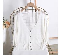 Gilet Femme, Mode V Neck Cropped Cardigan Vert Sauge Translucide Cardigan Léger Manches 3/4 Open Front Knit Jumper Coat avec Boutons Vêtements D'Extérieur pour Femme,Blanc