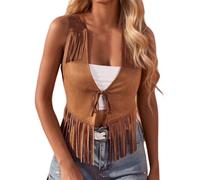 Gilet Femme sans Manches Pompons Franges - Boléro Vintage Années 60/70 Aspect Daim - Veste Décontractée d'Extérieur - Style Hippie Western pour Festival