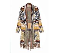 Gilet Femme,Vintage Jaune Style Ethnique Chunky Cardigan À Manches Longues Gland Tricoté Pull Manteau Bohème Garder Au Chaud Survêtement Cardigan Mi-Long pour Femme, S