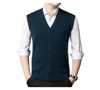 Gilet Homme Sans Manche Cardigan en laine de cachemire épais à simple boutonnage, pull sans manches, classique, solide, chaud, en Pure laine Pour Hommes(Blue,XL)