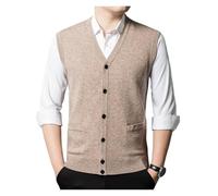 Gilet Homme Sans Manche Cardigan en laine de cachemire épais à simple boutonnage, pull sans manches, classique, solide, chaud, en Pure laine Pour Hommes(Khaki,XX-Large)