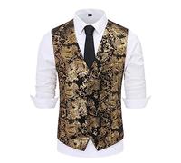 Gilet Hommes Mariage Classique Paisley Floral Jacquard Gilet Soirée Slim Fit Gilet de Costume pour Homme, Noir Or, XS