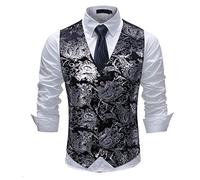 Gilet Hommes Mariage Classique Paisley Floral Jacquard Gilet Soirée Slim Fit Gilet de Costume pour Homme, Noir Argenté, XXL