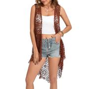 Gilet long décontracté en crochet pour femme Coupe ample Boho Dentelle Cache-maillot Haut Bas Cardigan sans manches, marron, Taille Unique