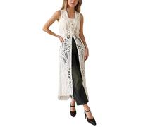 Gilet Long en Crochet Décontracté pour Femme, Style Bohème, Dentelle, sans Manches, Ouvert sur Le Devant, Boutonné, Motif Floral Ajouré, Débardeur, Robe D'Été, Plage, Bikini, Cache-Maillot,