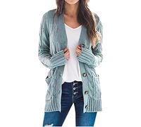 Gilet Long Femme Cardigan Chic Et Elegant Gilet Grosse Maille avec Boutons Cardigan De Poche Devant LéGer Veste Cardigan Pull Basique Automne Et Hiver Bleu Menthe L