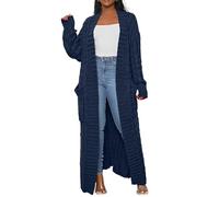 Gilet Long Maxi torsadée pour Femme, Ouvert sur Le Devant, Couleur Unie, Coupe Ample et Oversize, Bleu Marine, Taille 5XL