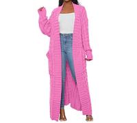 Gilet Long Maxi torsadée pour Femme, Ouvert sur Le Devant, Couleur Unie, Coupe Ample et Oversize, Pull/Manteau décontracté et Chaud, Rose Fuchsia, Taille L