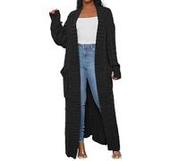 Gilet Long Maxi torsadée pour Femme, Ouvert sur Le Devant, Couleur Unie, Coupe Ample et Oversize, Pull/Manteau décontracté et Chaud, Noir, Taille XL