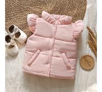Gilet matelassé pour bébé fille, col montant, manches courtes, fermeture par boutons, double poche, couleur unie minimaliste, tenue de tous les jours pour l'automne/l'hiver 6-9M,9-12M,12-18M,18-24M,2-