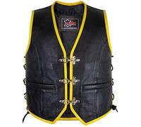 GILET NOIR CUIR BIKER NOIR JAUNE (M)