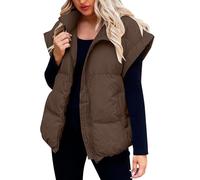 Gilet pour femme - Grande taille - Col montant - En coton - Fermeture éclair intégrale - Veste matelassée sans manches avec poches - Couleurs unies - Chaud - Pour l'hiver - Court et décontracté - Pour