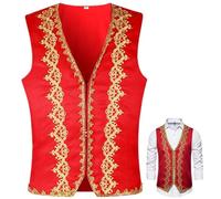 Gilet pour hommes, gilet en polyester prince arabe Orient Sultan pour hommes, bordure dorée sans manches festives avec devant ouvert pour Halloween, costumes de scène, cosplay et spectacles de cont
