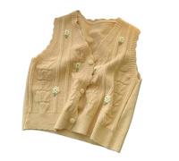 Gilet Pulls,Pull en Tricot Torsadé pour Femme, Doux Rétro, Cœur, Broderie Florale, Pull sans Manches, Col en V, Gilet Tricoté, Cardigan Boutonné, Veste en Tricot, Beige, M