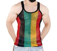 Gilet rasta coton en résille rayé noir rouge vert, jaune gilet haut de sport chemise ajustée maillot de corps de sport débardeur de plage respirant