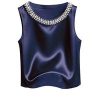 Gilet sans Manche Femme Col Rond- Gilet Chic Et Elegant Coupe Ample Debardeur Décontracté Couleur Unie Français Tank Top Sexy en Satin Camisole Ete Rétro Polyvalent Fête Haut