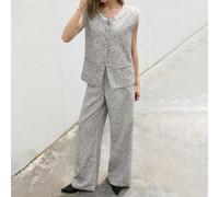 Gilet sans manches col rond style vintage français/européen avec bordure pailletée, associé à un pantalon de ville taille haute. Look unique et jeune, printemps/automne L,M,S,XLBlocs de couleurTissu t