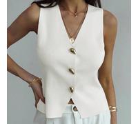 Gilet sans manches décontracté en tricot pour femmes, col en V, boutonnage devant, couleur unie, mode d'été, simple pour le travail, avec boucle métallique unique L,M,S,XS,XXSUnicoloreTricots