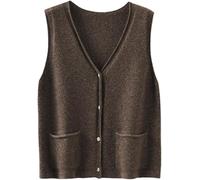 Gilet sans manches en cachemire tricoté avec poche pour femme - Col en V - Décontracté - Ample - Boutonné - Printemps - Automne, marron, M