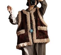 Gilet sans manches en velours côtelé avec bordure en fausse laine d'agneau et ouvert sur le devant pour femme, rouge foncé, Taille Unique