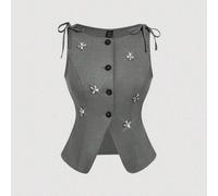 Gilet sans manches gris pour femmes, léger, décoré de strass. Hauts mignons, idéal pour la rentrée scolaire, décontracté chic, bureau en automne/hiver L,M,S,XL,XS,XXL,XXS,XXXL,XXXXLTissu tissé