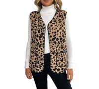 Gilet Sans Manches pour Femme - Gilet Polaire/Peluche Femme à Imprimé Léopard - Cardigans Longs et Courts à Imprimé Léopard Polyvalents Pour la Maison les Loisirs et le Bureau en Hiver (b-Coffee, L)
