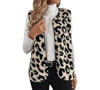 Gilet Sans Manches pour Femme - Gilet Polaire/Peluche Femme à Imprimé Léopard - Cardigans Longs et Courts à Imprimé Léopard Polyvalents Pour la Maison les Loisirs et le Bureau en Hiver (a-Beige, S)