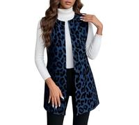 Gilet Sans Manches pour Femme - Gilet Polaire/Peluche Femme à Imprimé Léopard - Cardigans Longs et Courts à Imprimé Léopard Polyvalents Pour la Maison les Loisirs et le Bureau en Hiver (Dark Blue,XXL)