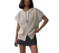 Gilet sans Manches Zippé en Maille Veste Courte Traditionnelle Pull sans Manches À Col Rond et Coupe Ample Gilet en Maille Veste De Bureau Beige XL