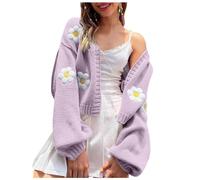 Gilet sportif pour femme - Manches longues - Ouvert sur le devant - Court - Motif floral - Cardigan esthétique des années 90 - Retour au collège - Femme - Argent, lilas, XL
