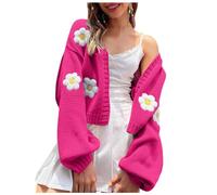 Gilet sportif pour femme - Manches longues - Ouvert sur le devant - Court - Motif floral - Cardigan esthétique des années 90 - Retour au collège - Femme - Argent, Rose, L