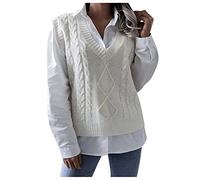 Gilet tricoté pour femme automne et hiver avec col en V - Couleur unie - Maille torsadée - Sans manches - Confortable - Mousse à mémoire de forme, blanc, L