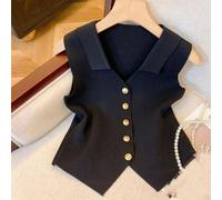 Gilet tricoté sans manches à col en V pour femme - Coupe ajustée - Pour les vacances, le quotidien, la maison, le club, le printemps et l'été - Couleur unie - Longueur normale - Noir