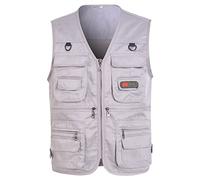 Gilet utilitaire décontracté pour homme - Mince et multi-poches - Col montant - Léger - Pour camping, chasse, pêche, photographie - Gilet sans manches, gris, 3XL