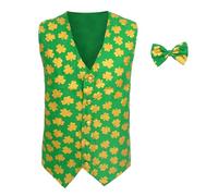 Gilet vert irlandais - Costume de supporter de leprechaun irlandais, manteau vert à la taille et nœud papillon avec imprimé trèfle - Déguisement de St Patrick, Vert, M