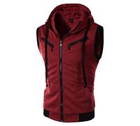 Gilets à Capuche sans Manches pour Hommes Gilet à Capuche Fashion à Fermeture éClair Et à Cordon De Serrage Gilet Cardigan DéContracté Slim Fit Sweatshirt (Rouge,XXL)