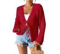 Gilets En Crochet pour Femme Col V Manches Longues Nouer Sur Le Devant Style Bohème Cache Maillot De Plage Léger Cardigan D'Été Boléro En Crochet Tendance pour Les Vacances À La Plage Rouge Ta