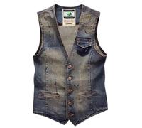 Gilets en jean pour homme UK | Gilet de cowboy noir classique à boutons multi-poches vintage classique gilet en jean délavé veste en jean col en V manteau de moto sans manches vêtements de sport