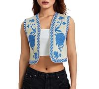 Gilets pour femme vintage floral brodé crop gilet décontracté style national ouvert sur le devant cardigan sans manches gilet streetwear, a-bleu, L