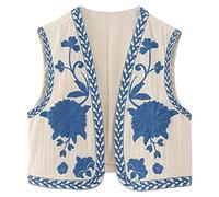 Gilets pour Femmes Vintage Floral Brodé Crochet Gilet sans Manches Polyester Ouvert Devant Court Gilet Haut L