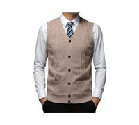 Gilets Pull pour Hommes Classique Col en V Tricots Pull Gilet Câble Tricoté Gilets Laine Mélange sans Manches Cardigan Chaud Plaid Débardeurs avec Boutons Et Poches,Camel,L