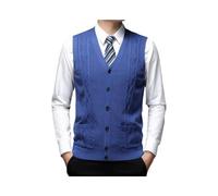 Gilets Pull pour Hommes Classique Col en V Tricots Pull Gilet Câble Tricoté Gilets Laine Mélange sans Manches Cardigan Chaud Plaid Débardeurs avec Boutons Et Poches,Bleu,XL