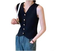 Gilets tricotés rétro français pour femme avec col en V et fermeture à simple boutonnage - Coupe ajustée - Sans manches - Noir