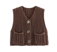 Gilets tricotés sans Manche Crop Sweater Women Solid Loose Casual Vest Cable Knit(Dark Brown,S)