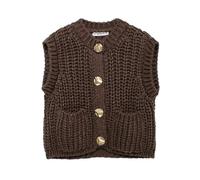 Gilets tricotés sans Manche with Pockets Solid Single Breasted Tank Tops Vintage O-Neck Female(Brown,S)