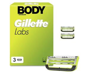 Gillette Labs Body + Intimate Lames de Rasoir Homme, Pack 3 - Cartouches de Rasage pour la Zone Intime et le Corps, Tête à 2 Lames Très Espacées, Barre Anti-Poils Incarnés et Irritation
