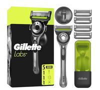 Gillette Labs rasoir manuel homme, rasage avec barre exfoliante, manche réutilisable gris et 5 cartouches de recharge à 5 lames, étui de voyage pour un rangement pratique, support mural magnétique