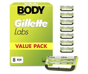 Gillette Lames De Rechange Labs Body Plus Intimate, Lot De 8 Cartouches De Rechange De Rasoir Homme Corps Et Zone Intime, AUTHENTIQUES, Barres Anti-Irritation Et Anti-Poils Incarnés